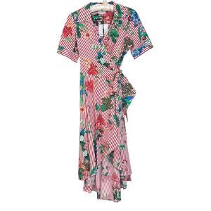 NWT Calvin Klein Red Striped Picnic Floral Wrap Dress Size 10 Cottagecore